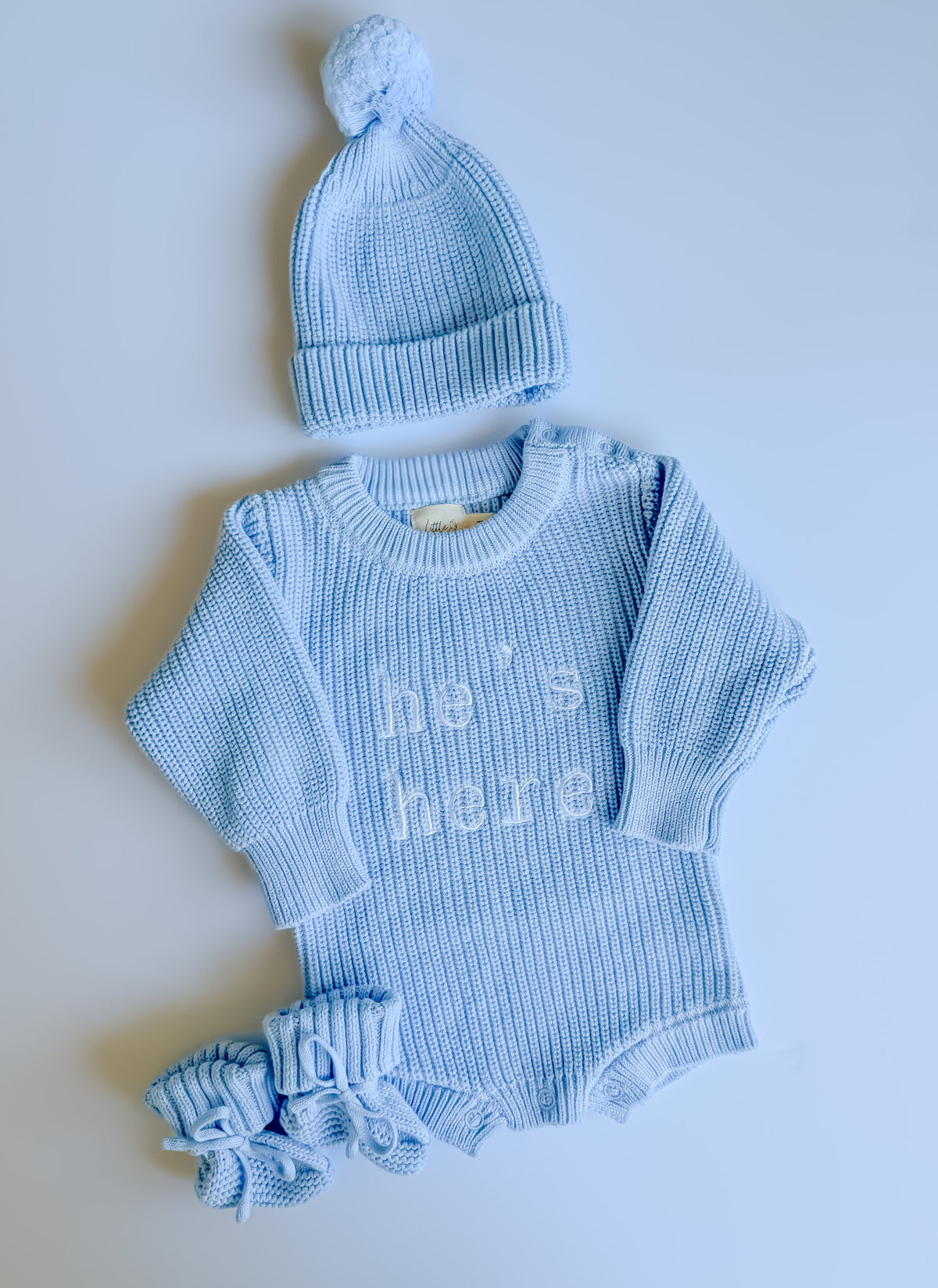 'He's Here' Chunky Knit Romper Bundle -Sky Blue image 0