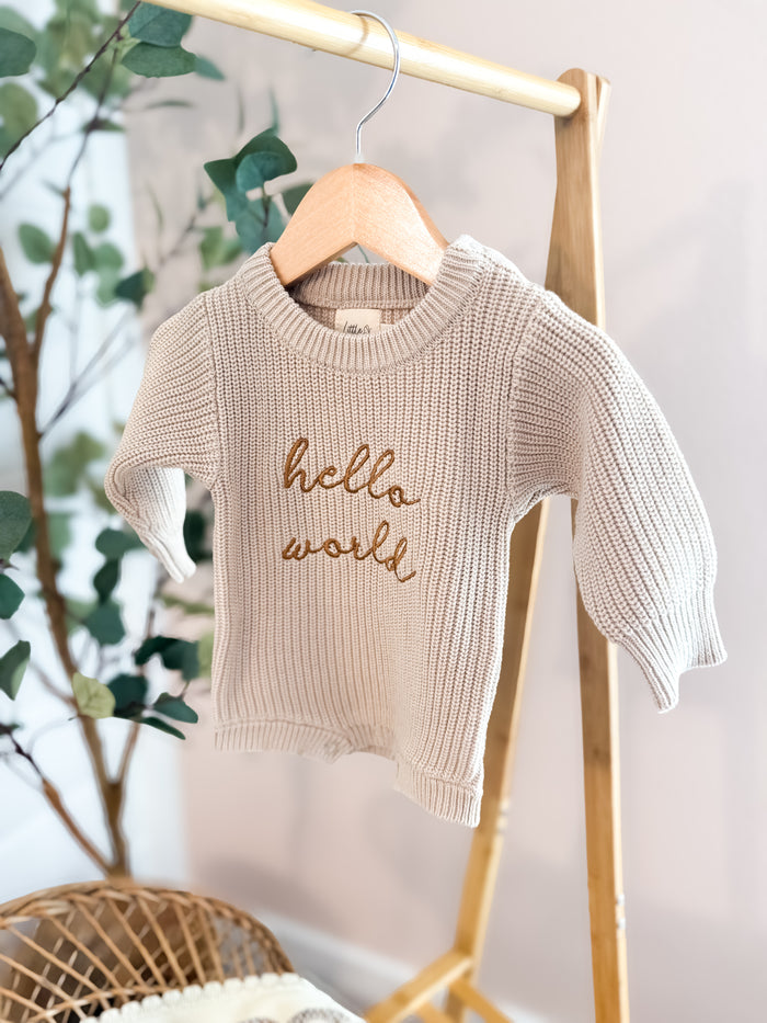 'Hello World' Chunky Knit Romper & Beanie Bundle -Almond image 1