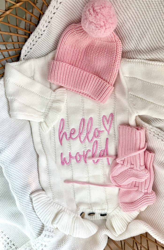 “hello world” bundle with rose beanie and booties - Organic Cotton