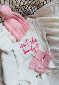 “Isn’t she lovely” bundle with rose beanie and booties - Organic Cotton