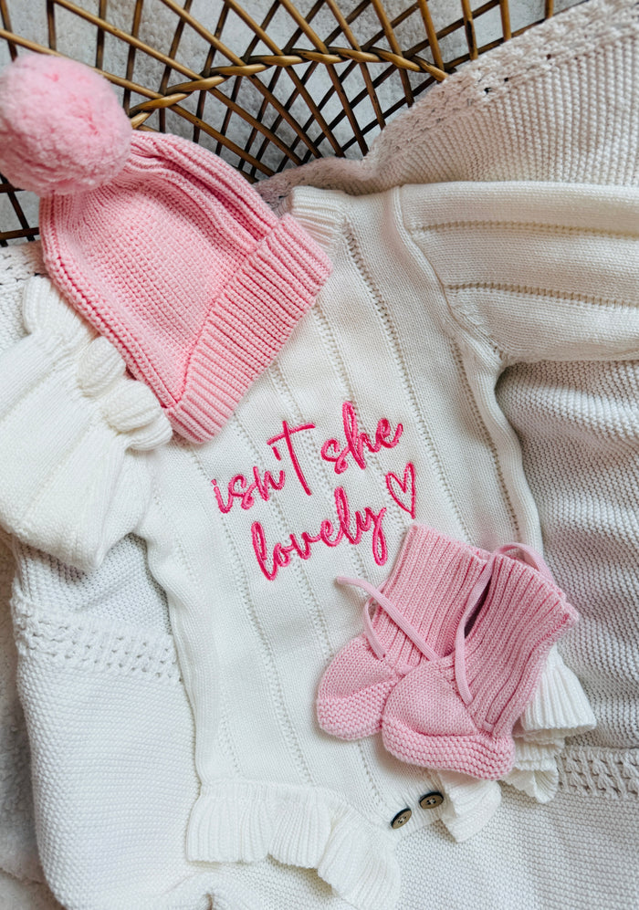 “Isn’t she lovely” bundle with rose beanie and booties - Organic Cotton