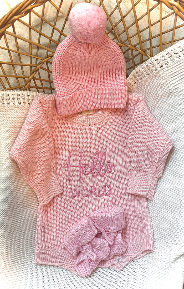 “hello world” bundle with rose beanie and booties