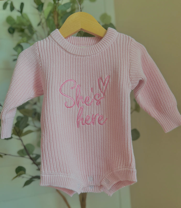 “She’s here" bundle with rose beanie and booties