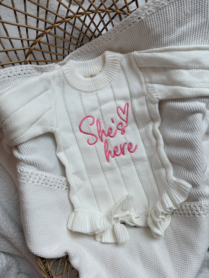 She’s Here Long Sleeve Frilled Romper -  Organic Cotton
