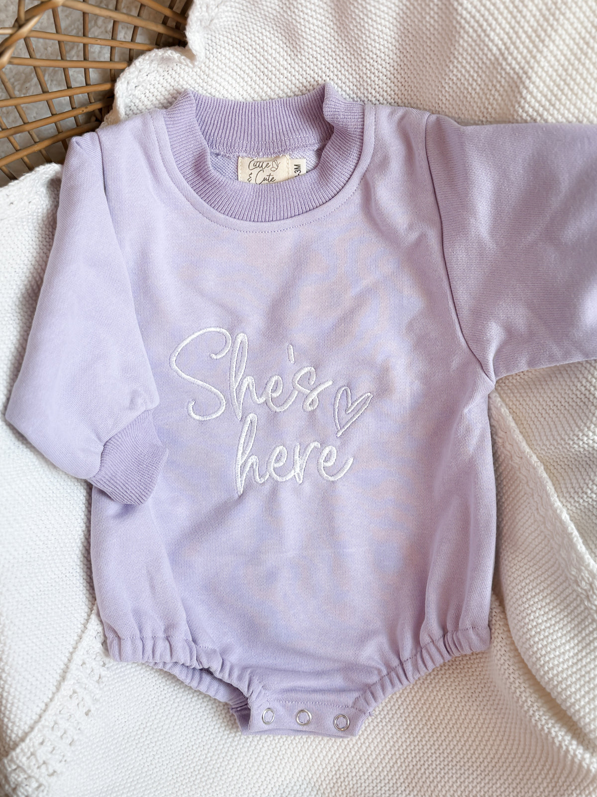 “She’s here” lilac romper