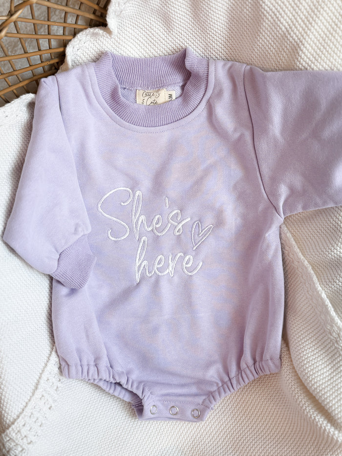 “She’s here” lilac romper