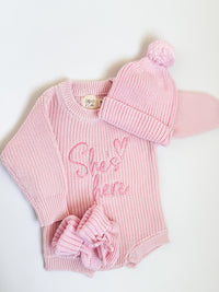 “She’s here" bundle with rose beanie and booties