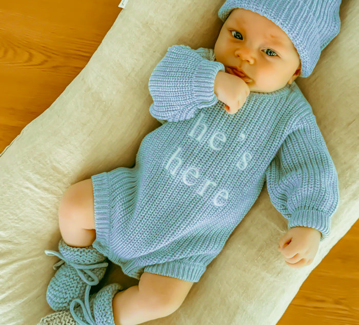 'He's Here' Chunky Knit Romper Bundle -Sky Blue - 100% Organic Cotton -