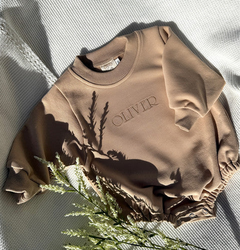 Personalized Long sleeve Romper -Milk Chocolate - 100% Organic Cotton  |