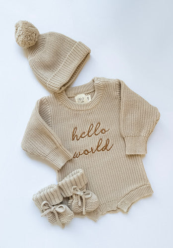 'Hello World' Knit Romper - Almond